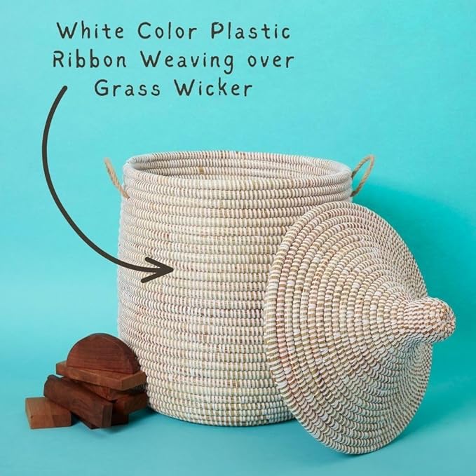 Medium Basket, Home Storage, Towel Hamper, White Room Decor, Wicker Basket with Lid, Woven Storage Bin, African Baskets with Handles, Coil Style Weaving, Made in Senegal,15" W, 19" T