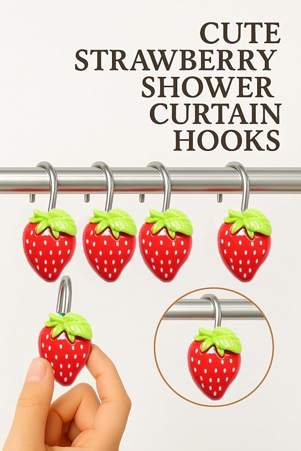 12-Piece Strawberry Shower Curtain Hooks, Decorative Resin Fruit Shower Curtain Rings, Suitable for Bathroom Decor, Compatible with Standard Shower Curtain Rods