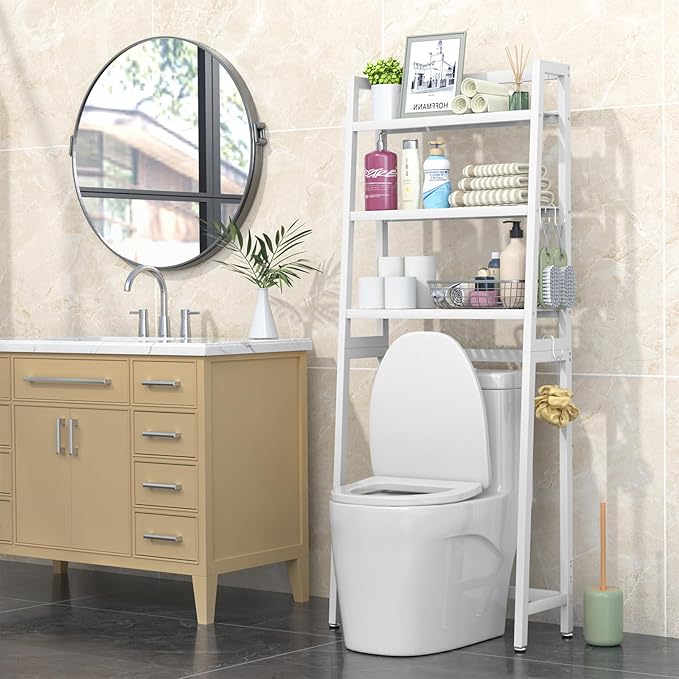 VASMIA Over The Toilet Storage,Bamboo 3-Tier Bathroom Organizer Over Toilet Storage Cabinet,Freestanding Space Saver with 3 Hooks White