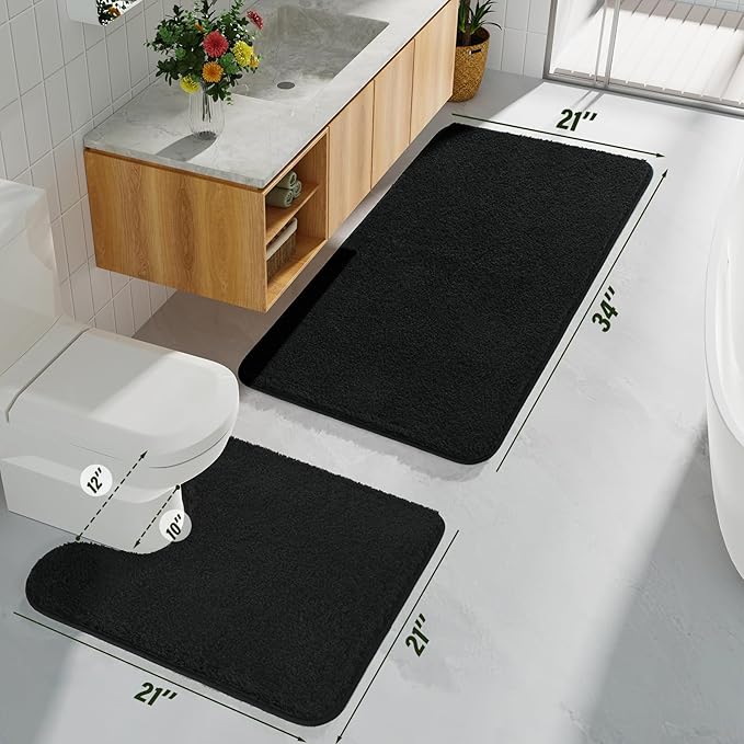 HOMORE Black Bathroom Rug Set 2 Piece,Soft Absorbent Bath Mats Set,Machine Washable Bath Rug Sets for Bathroom Non Slip,(21"x34"+21"x21") Plush Shaggy U Shape Contour Toilet