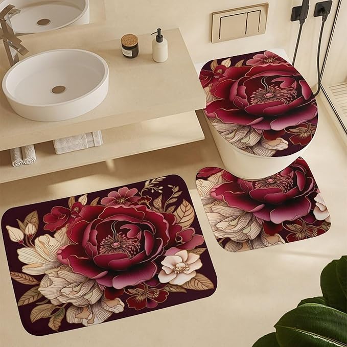 4Pcs Shower Curtain Set with Rugs Rug Toilet Lid Cover and Non-Slip U Shape Mat Elegant Burgundy Floral Waterproof Shower Curtain Red and White Floral for Bathroom Decor Set