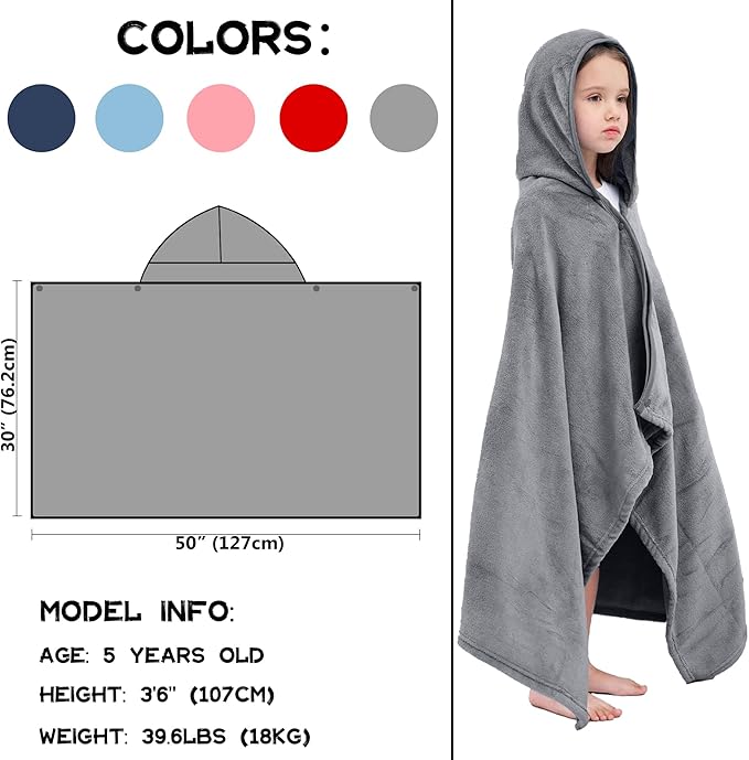 Hiturbo Kids Hooded Bath Towel: Soft Plush Pool Beach Fleece Towel Blanket - 50"x30" Toddler Towels Wrap for Boys Girls 3-12 Years (Gray)