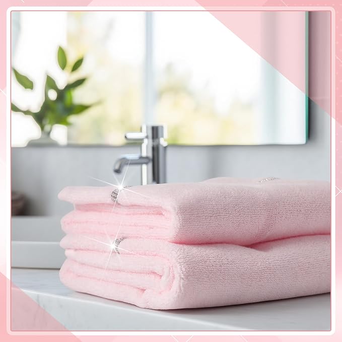 2 Pcs Pink Sparkling Hand Towels with Rhinestones for Bathroom 100% Cotton Glitter Soft Elegant Hand Bath Towels Absorbent Machine Washable for Spa Yoga Hotel Sport, 29.5" x 13.8"