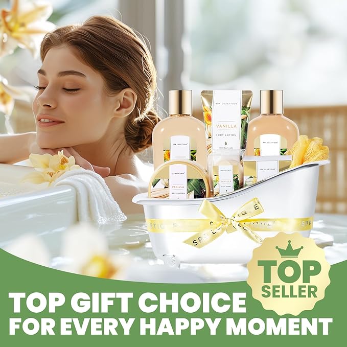 Gifts for Women, Spa Luxetique Spa Gift Baskets for Women, 8 Pcs Vanilla Bath Gift Sets, Vanilla Gift Baskets, Valentine's Day Gifts