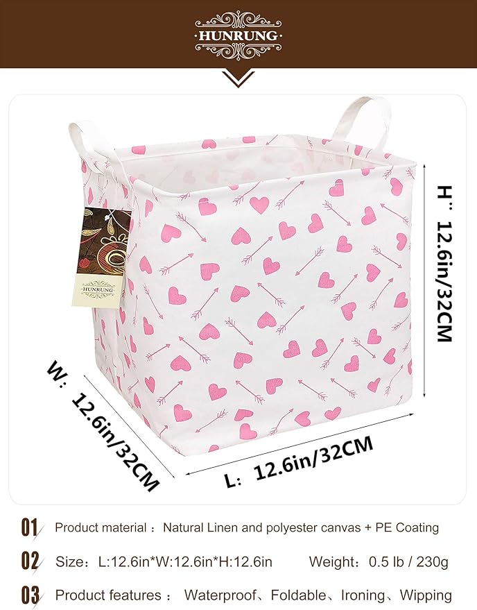 HUNRUNG Square Storage Bins Nursery Hamper Canvas Laundry Basket Foldable with Waterproof Nursery Boxes for Shelves/Gift Baskets/Toy Organizer/Office, Bedroom (Square-Pink-heart-arrow)