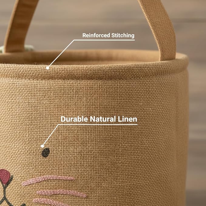 Cute Burlap Bunny Easter Basket, Large Canvas Gift Tote with 3D Plaid Ears for Egg Hunt and Party Decor, Springtime (White)