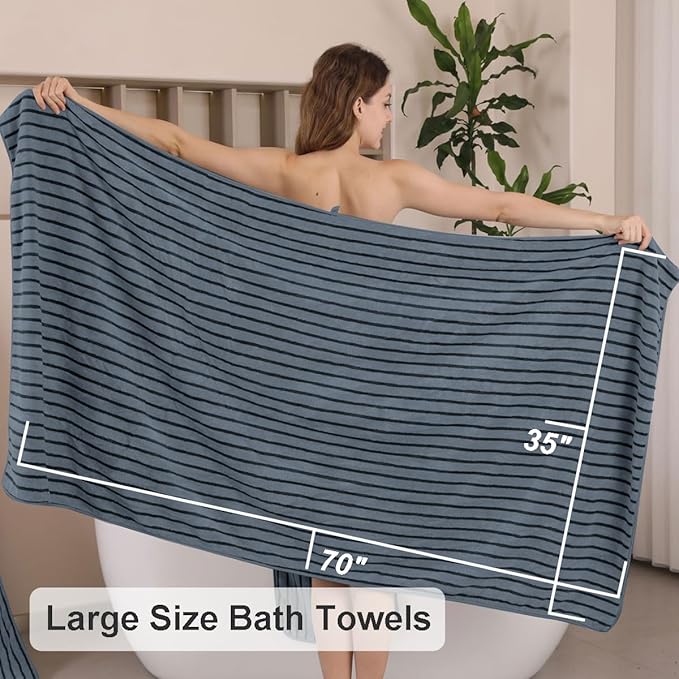 8 Pcs Grayish Blue Cabana Stripe Large Bath Towel Oversized Bath Sheet-2 Bathroom Towels,2 Hand Towels,4 Washcloths Soft Jumbo Absorbent Shower Towel Quick Dry Beach Chair Spa Gym Hotel Towel