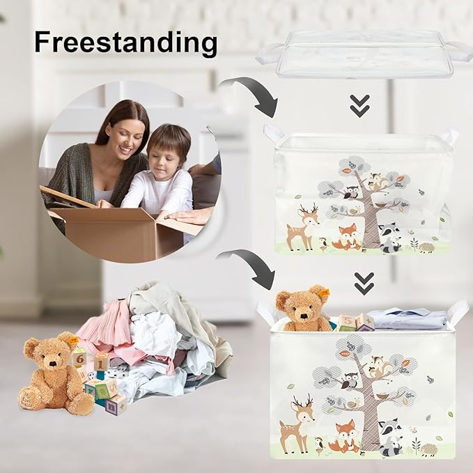 Clastyle 36L Large Woodland Animal Tree House Baby Basket Rectangle Deer Fox Squirrel Shelf Basket with Handle Collapsible Book Toy Clothes Towel Nursery Storage Basket