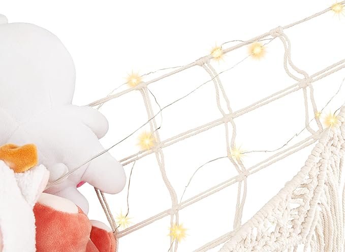 Mkono Stuffed Animal Hammock Corner Macrame Toy Storage Organizer with Lights and Tassels Boho Hanging Stuff Animals Net Large Capability Toys Display Holder for Nursery Kid Room Playroom, 1 piece