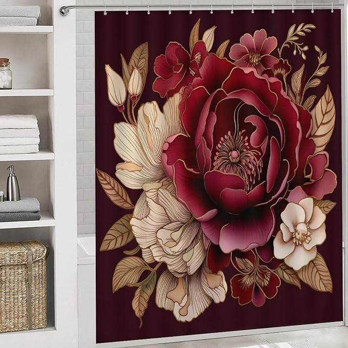 4Pcs Shower Curtain Set with Rugs Rug Toilet Lid Cover and Non-Slip U Shape Mat Elegant Burgundy Floral Waterproof Shower Curtain Red and White Floral for Bathroom Decor Set