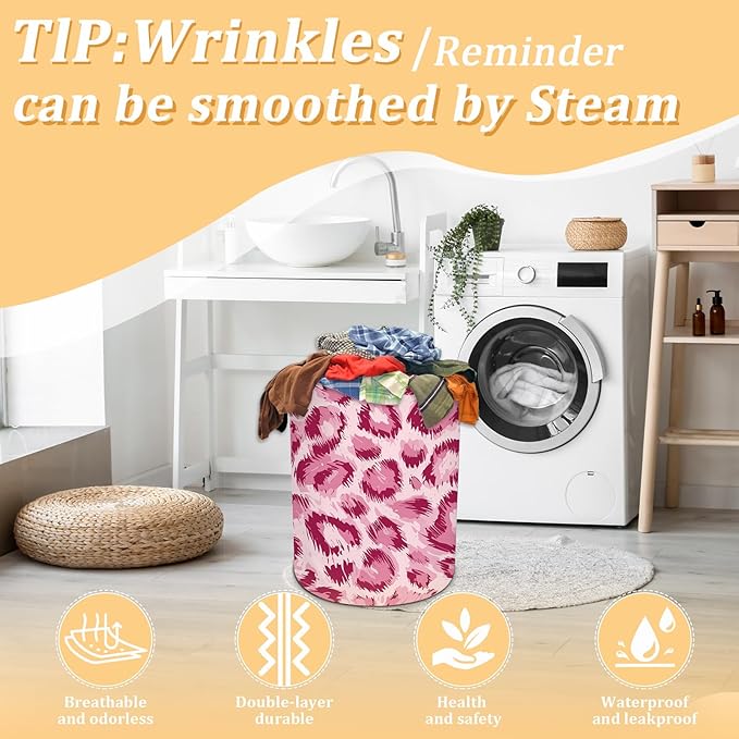 Pink Leopard Print Laundry Basket, Animal Skin Laundry Hamper Foldable Waterproof Oxford Cloth Funny Tote Bag Dirty Clothes Storage Bucket Toy Organizer for Bathroom/Laundry/Bedroom 15.7"x19.6"