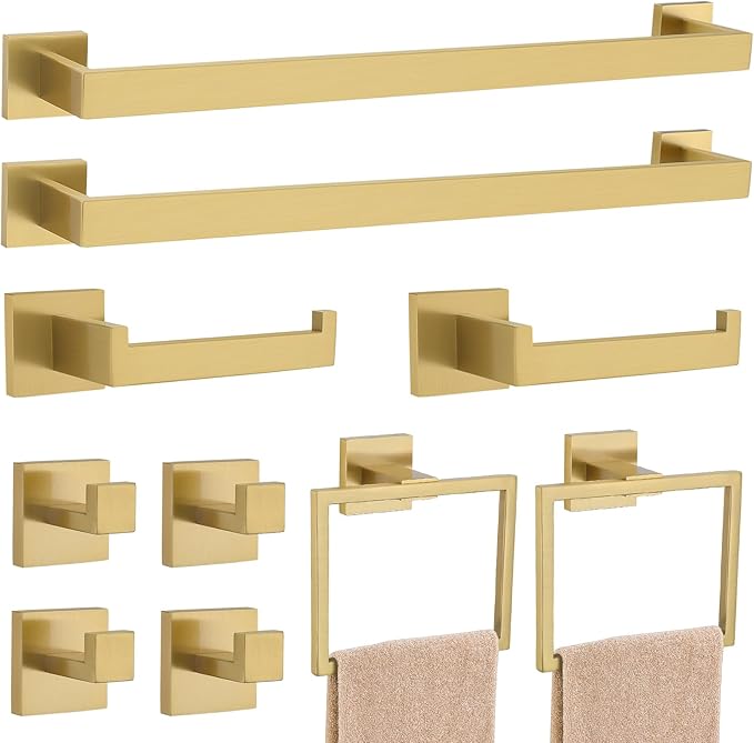 23.6Inch Brushed Gold Towel Bar Set, 10 Pieces Bathroom Accessories Set, SUS304 Stainless Steel Towel Racks Toilet Paper Holder Set for Bathroom Wall Mounted