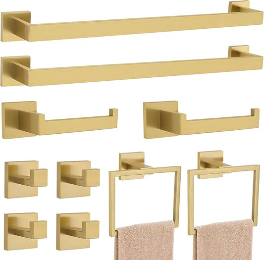 23.6Inch Brushed Gold Towel Bar Set, 10 Pieces Bathroom Accessories Set, SUS304 Stainless Steel Towel Racks Toilet Paper Holder Set for Bathroom Wall Mounted