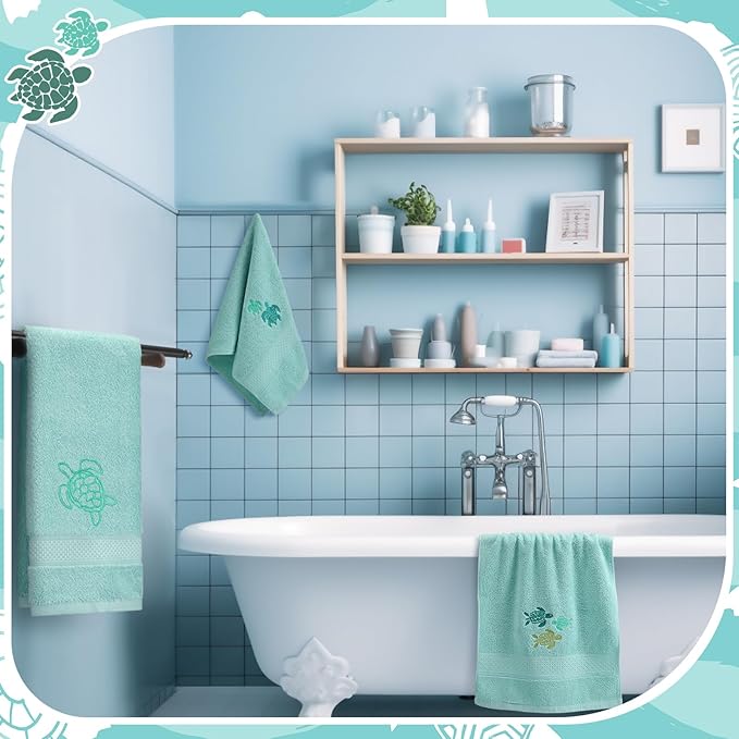 3 Pack Sea Turtle Coastal Hand Towels for Bathroom 100% Cotton Embroidered Beach Bathroom Towels 13.78 x 29.53 Inch Soft Absorbent (Green, Sea Turtles)