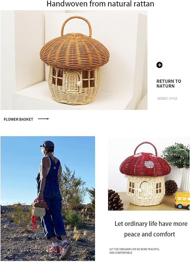 Mushroom Basket House Shaped with Lid Portable Decorative Rattan Handle Photography Props-Gifts for Kid(B25*26 * 26cm)