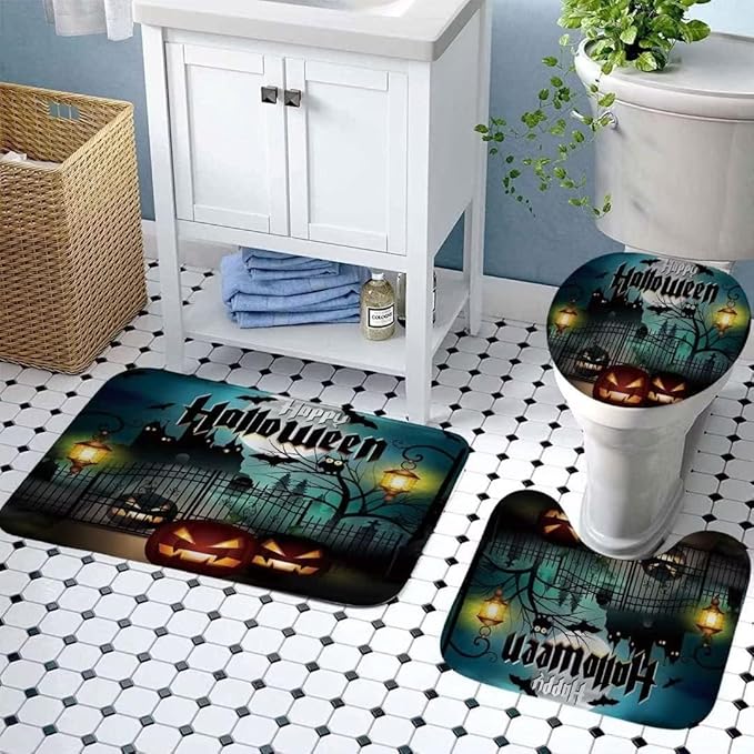 Halloween Bats Castle Pumpkin Waterproof Shower Curtain Set,with Non-Slip Rugs,Toilet Lid Cover and Bath Mat,Black Gloomy Bathroom Decor Accessory Set