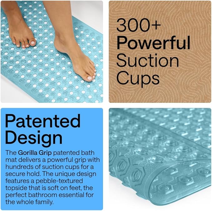GORILLA GRIP Patented Bath Tub Shower Mat, Machine Washable Bathtub Floor Liner Mats, Suction Cups and Drain Holes to Keep Tubs Clean, Soft on Feet, Bathroom Essentials, 35x16 Inch, Clear Turquoise