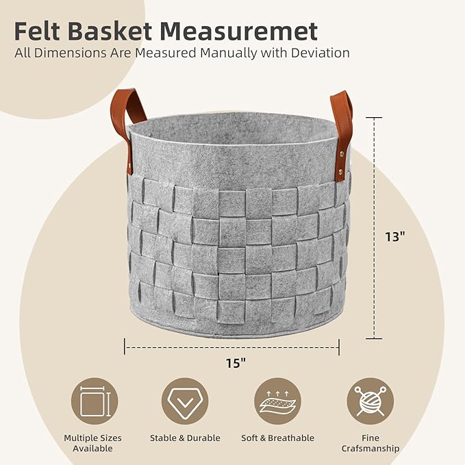 BOLDMONKEY Blankets Basket 15" x15 " x13 " 2 Pack, Storage Baskets for Organizing Round, Living Room Dog Toy Bin for Dirty Clothes, Pillows, Towel-Light Gray