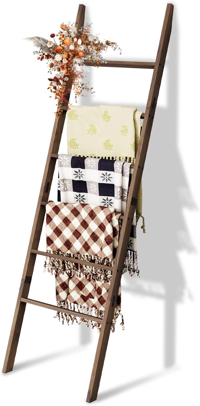 Acacia Wood 6-Tier Blanket Ladder, 5.7FT(66.5'') Blanket Quilt Towel Holder Rack Decorative Ladder Wooden, Easy Assembly, Rustic Farmhouse Ladder Shelf for the Living Room Bedroom Bathroom Home Decor