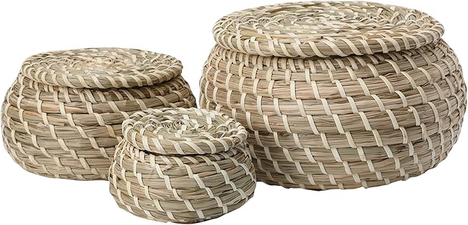Small Wicker Basket with Lid, Round Woven Set of 3 Seagrass Baskets, Little Handmade Rattan Storage Basket Box for Shelf, Bathroom Decor