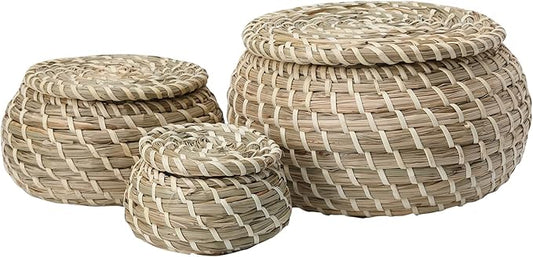 Small Wicker Basket with Lid, Round Woven Set of 3 Seagrass Baskets, Little Handmade Rattan Storage Basket Box for Shelf, Bathroom Decor