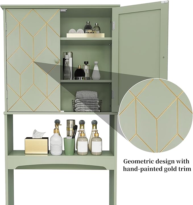 HLR Over The Toilet Storage Cabinet with Gold Trim, Over Toilet Bathroom Organizer with Adjustable Shelves and Toilet Paper Holder, Above Toilet Storage Cabinet Spacesaver for Bathroom (Green)