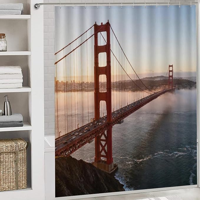 4 Piece Bathroom Rug Set with Shower Curtain, Non-Slip Bath Mat Toilet Cover Set, Golden Gate Bridge Bathroom Rug Sets
