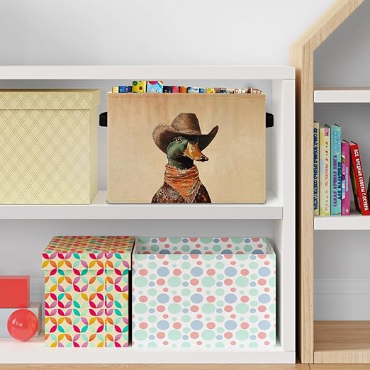 Western Cowboy Mallard Duck Storage Bins Box with Handles, Mallard Duck Nursery Decor, Ducks Laundry Basket Hamper Collapsible Clothes Toys Organizer for Kids Boys Bedroom Bathroom