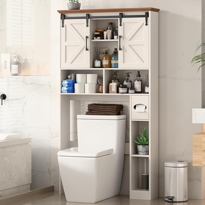 Over The Toilet Storage Cabinet,Farmhouse Space-Saving Toilet Rack With 2 Sliding Barn Doors,Bathroom Organizer with Toilet Paper Holder Stand & Storage Shelves,for Laundry, Restroom, Bathroom