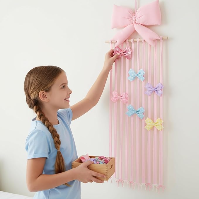 Long Bow Holder for Girls Baby Pink Bow Hair Bows Clip Organizer 31.5 Inch Baby Hair Accessories Storage Display Hanging Decor for Girls Nursery Room Bedroom Living Room