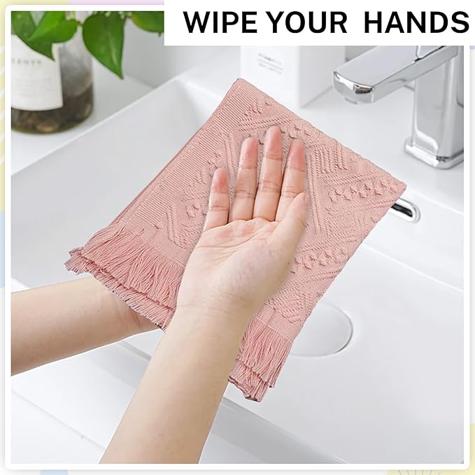 4-Pack Luxury Decorative Cotton Hand Towels for Bathroom Super Absorbent with Jacquard Weave&Fringe – 13x29.1" Boho Hand Towel Set,Soft Face Towel for Boho Bathroom Decor Kitchen Hotel Spa Guest