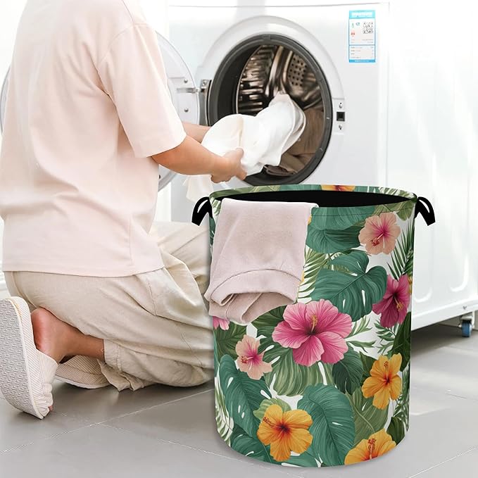 Hibiscus Laundry Basket,Palm Leaves Foldable Oxford Cloth Tote Bag Laundry Hamper Clothes Storage Bucket Organizer for Bedroom Laundry Storage Dormitories 16" x 20.8"