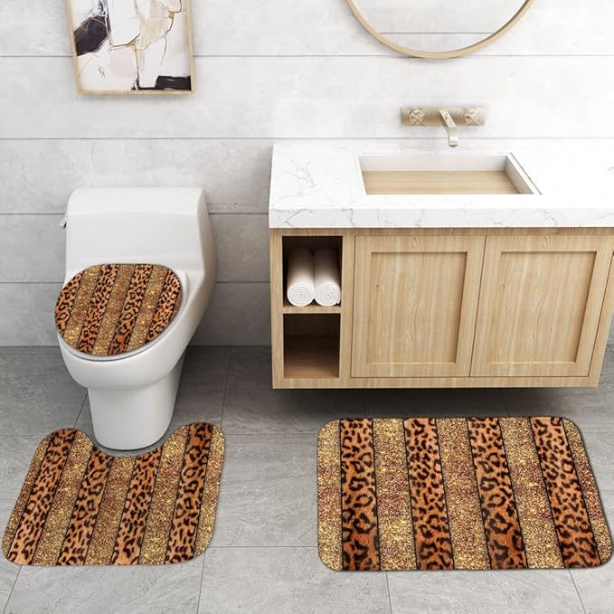 4PCS Leopard Print Shower Curtain Set, African Safari Animal Skin Panthera Fur Brown Cheetah Print Stripes Shining Bling Modern Glam Bathroom Decor, Non-Slip Bath Mat Toilet Rug, Gold Glitter