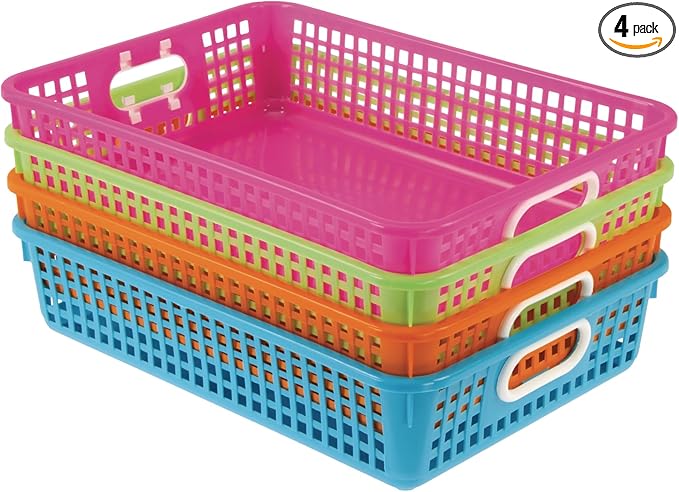 Really Good Stuff Multi-Purpose Small Desktop Paper Storage Baskets, 14" x 10" x 3.25", Set of 4, Neon Group Colors, Classroom Organization, Stackable Mesh Plastic Baskets with Grip Handles