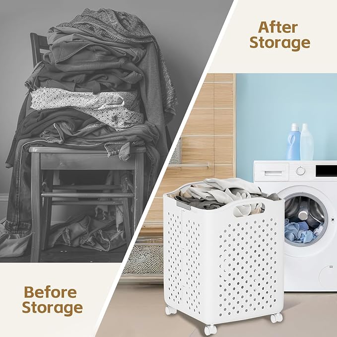57L Collapsible Laundry Basket with Wheels, Laundry Basket Collapsible, Foldable Laundry Baskets with Handles, Dirty Clothes Hamper for Dorm, Bedroom and Bathroom (Pearl White)