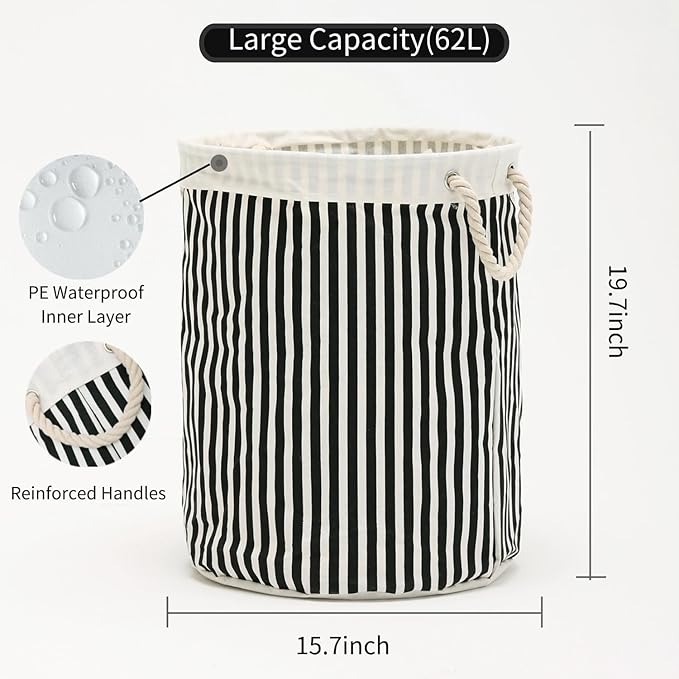 Large Storage Laundry Hamper Basket 62L with Handles for Dirty Clothes Toy Organizer Bins, Waterproof, Collapsible Laundry Hamper, Classic Stripes Pattern, Black Color, 1-Pack, Bathroom, Dorm