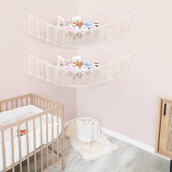 Mkono Stuffed Animal Hammock Corner Macrame Toy Storage Organizer with Tassels Boho Hanging Stuff Animals Net Large Capability Toys Display Holder for Nursery Kid Room Playroom, 2 Pieces