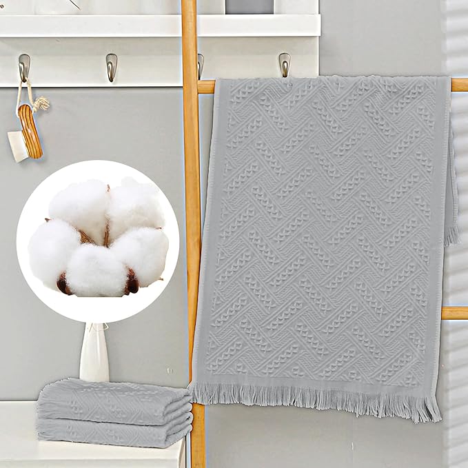 4-Pack Cotton Bathroom Hand Towels – Boho Hand Towel Set with Jacquard Weave & Fringe, 13"x29.1" Absorbent Soft Face Set for Kitchen/Bathroom(Beige/Brown) (LightGray)