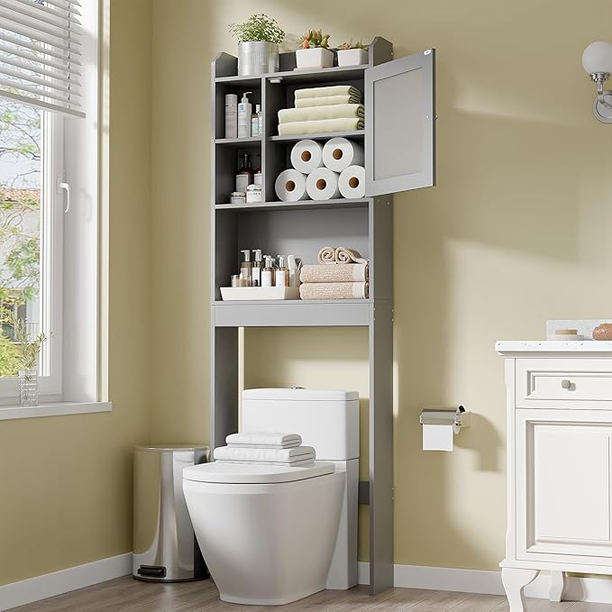 ZenStyle Over The Toilet Cabinet Double Door Wood Bathroom Storage Organizer with Adjustable Shelves, Cubby and Tempered Glass Door (Grey)