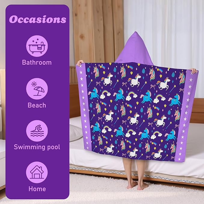 Hooded Towels for Kids Unicorn 60" x 35" Toddler Bath Beach Towel Poncho with Hood Super Soft and Absorbent 100% Microfiber for Girls Ages 5-12