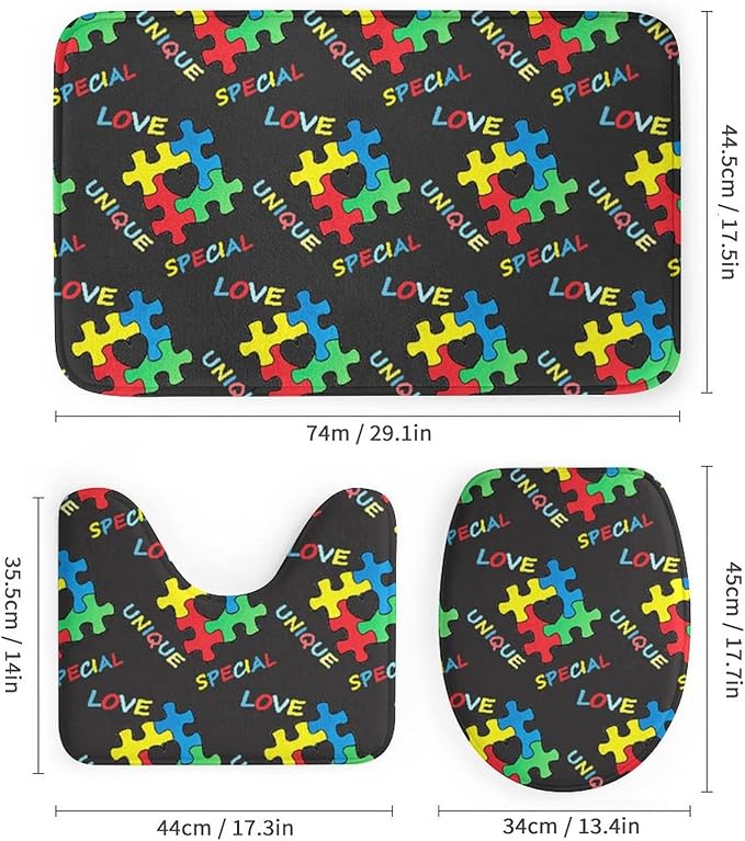 4 Pc Colorful Autism Awareness Puzzle Pieces Heart Black Art Shower Curtains + Bath Mats Set, Water Repellent Window Curtain Super Absorbent Toilet Floor Rug