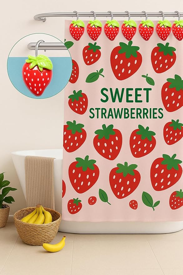 12-Piece Strawberry Shower Curtain Hooks, Decorative Resin Fruit Shower Curtain Rings, Suitable for Bathroom Decor, Compatible with Standard Shower Curtain Rods