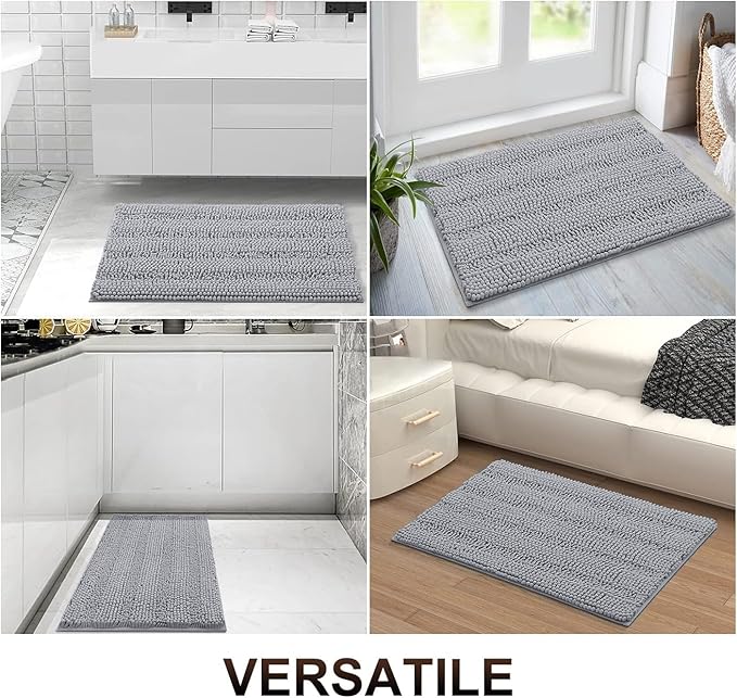 Grandaily Chenille Striped Bathroom Rugs 70x24, Extra Thick and Absorbent Bath Mats, Non-Slip Soft Plush Shaggy Shower Carpet, Machine Wash Dry, Bath Rug for Bathroom, Light Grey