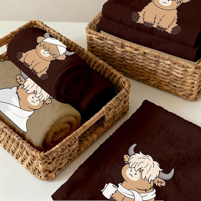 4 Pcs Highland Cow Hand Towels Cattle Embroidered Towel - 29" x 13.3" Soft Cotton Bathroom Towel Set Western Bath Towels Farmhouse Bathroom Decor Highland Cow Kitchen Decor Cute Housewarming Gift