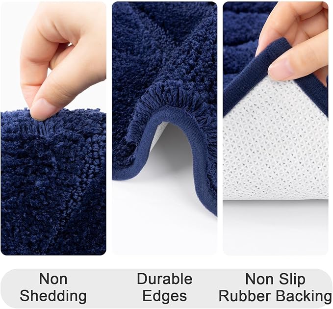 HEBE Bathroom Rugs Sets 5 Piece, Soft Absorbent Microfiber Bath Mat for Bathroom, Non Slip Washable Bath Rug Set with Toilet Cover, Bath Runner and U-Shaped Contour Toilet Rug, Navy Blue