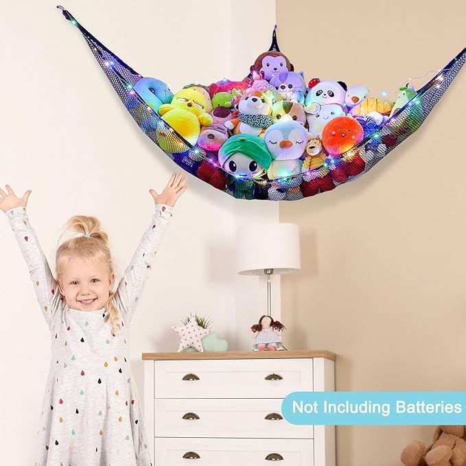 Unicorn Castle Stuffed Animals Net or Hammock Kids Toy Storage Organizer with LED Light Hanging Corner Stuffed Animals Holder Kids Girls Room Decor,Black,Large (Pack of 1)