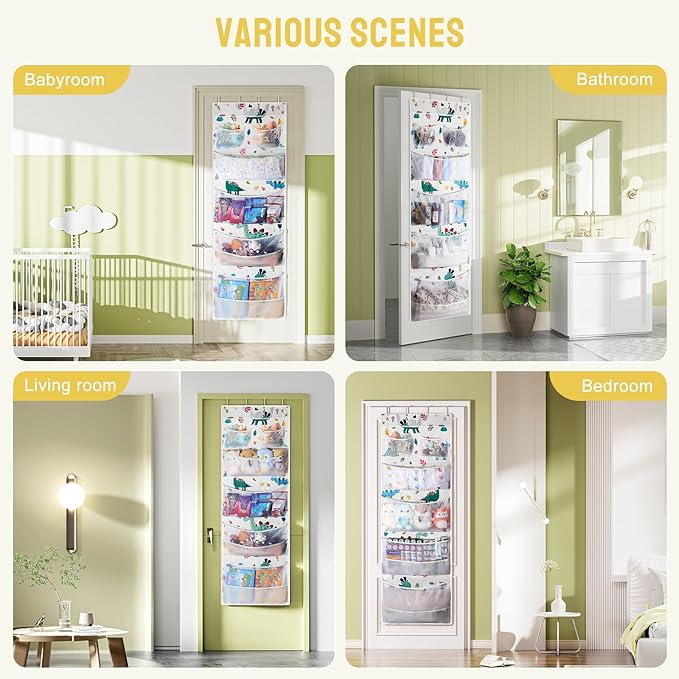 Yecaye Stuffed Animal Storage, Hanging Organizer for Stuffed Animals with 6 Expandable Mesh Net Pockets, Stuffed Animal Hammock, Over the Door Organizer, Dinosaur Print