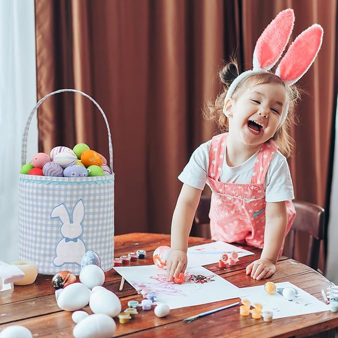 DYSHAYEN Bunny Easter Basket, Gingham Empty Easter Bucket with Handle for Easter Egg Hunts Party Favor Decorations (Blue)
