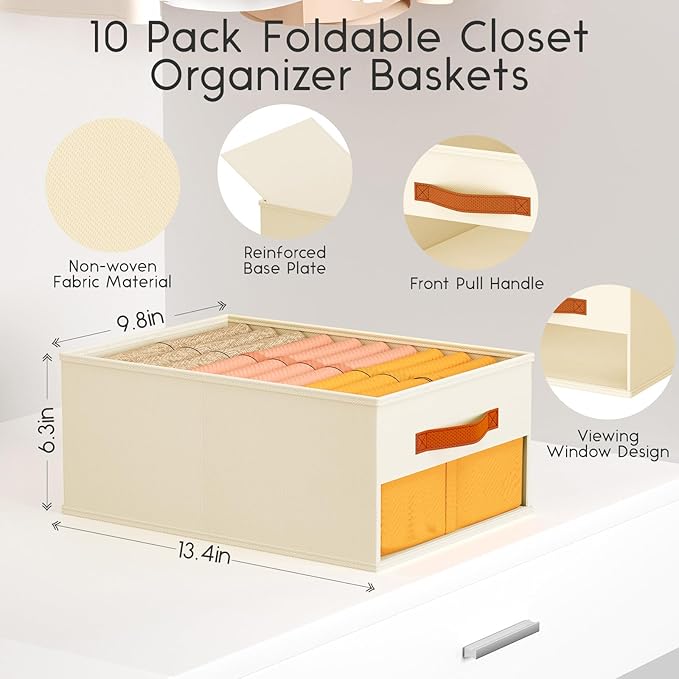 Closet Organizers and Storage - 10 Pack Storage Bins Baskets for Organization Foldable Closet Organizer with Clear Window & Handles for Clothes, Toys, Towels, Small Essentials (Beige)