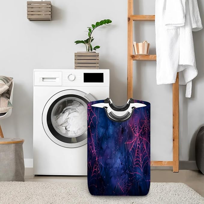 Spiders Web Purple Laundry Hamper,Large Round Halloween Storage Basket,Collapsible Basket Bins for Dirty Clothes Kids Toys Baby Blanket Organizer Nursery Bedroom Bathroom Decor